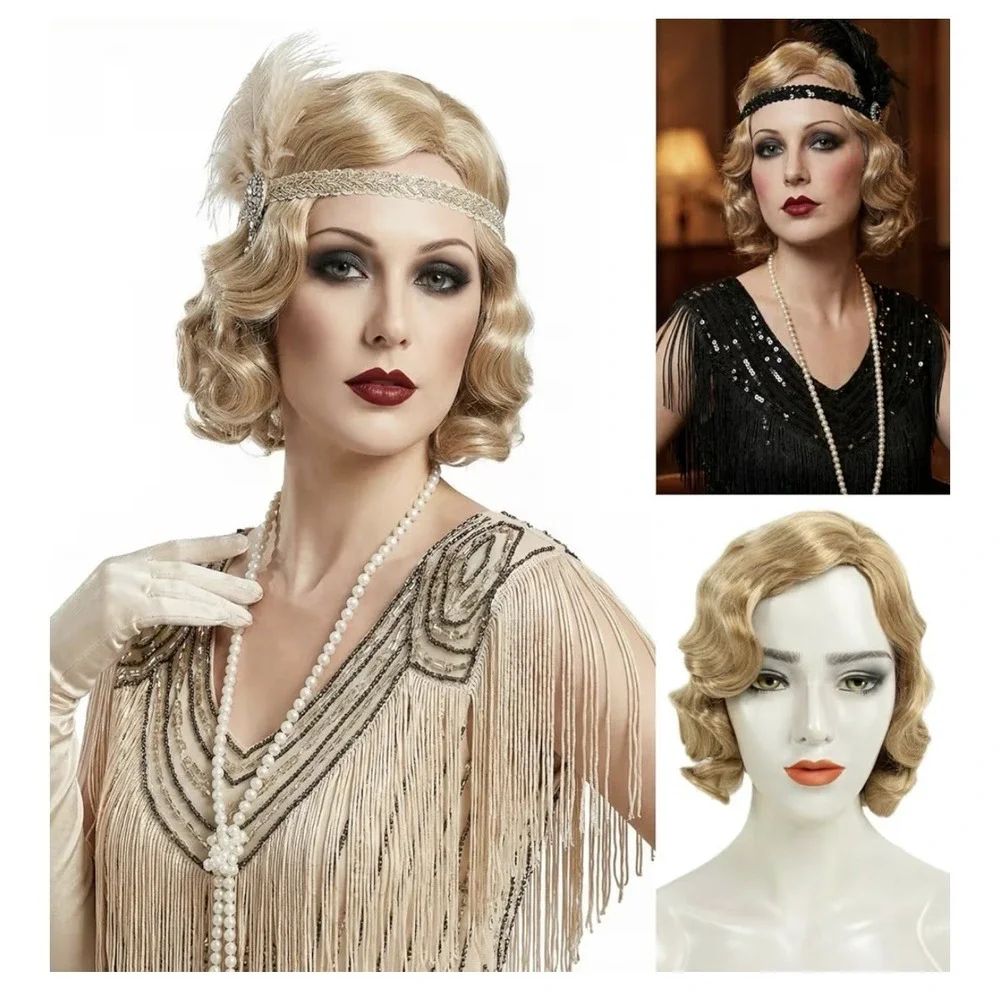 Medisifa Finfer Wave Wig 1920s Retro Mid Long Curly Synthetic Hair Blonde
